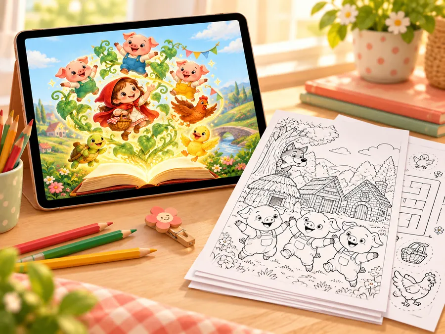 Kit Era Uma Vez: atividades impressas da história Os Três Porquinhos ao lado de um tablet